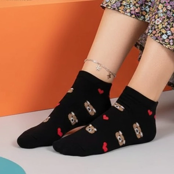 جوراب نیم ساق پنبه ای طرحدار خرسی قلبی 7008 روما